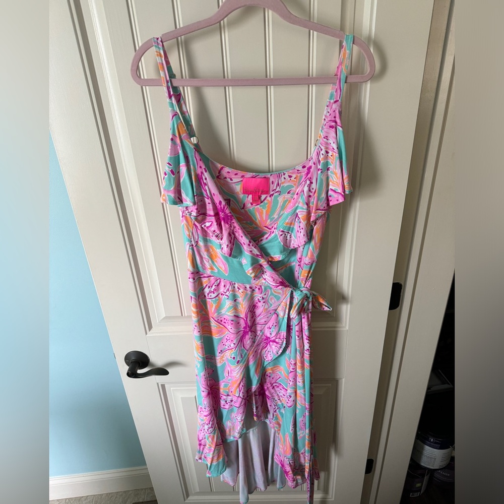 Lilly Pulitzer Pink, Aqua & Coral Floral Wrap Midi Dress